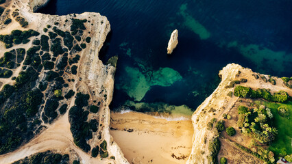 Praia do Carvalho, Bengali beach. Drone shot, topview. Algarve Portugal.