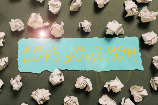 Text Caption Presenting Love Your Mom. Business Approach Have Good Feelings About Your Mother Loving Emotions Crumpled Notes Placed All Over Written Important Informations On Paper.