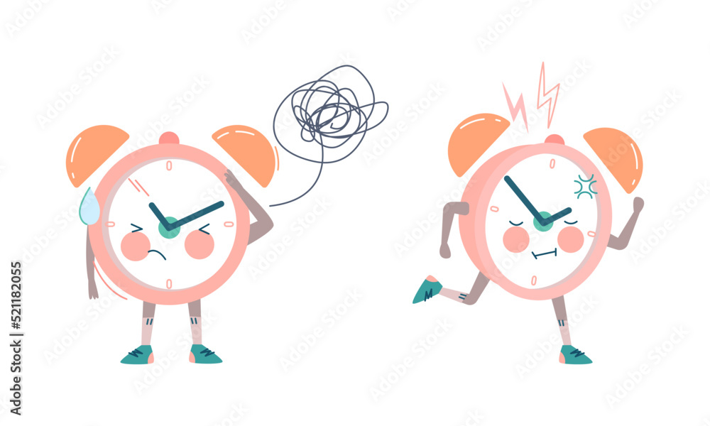 Poster funny clock character feeling puzzled and running forward vector set