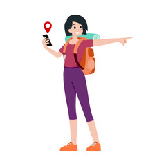 Young happy woman tourist flat cartoon character. Traveling people on summer vacation trip, Isolated on white background.