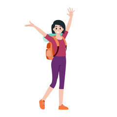 Young happy woman tourist flat cartoon character. Traveling people on summer vacation trip, Isolated on white background.