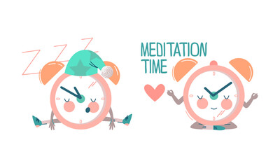 Funny Clock Character Sleeping in Night Cap and Meditating in Yoga Pose Vector Set
