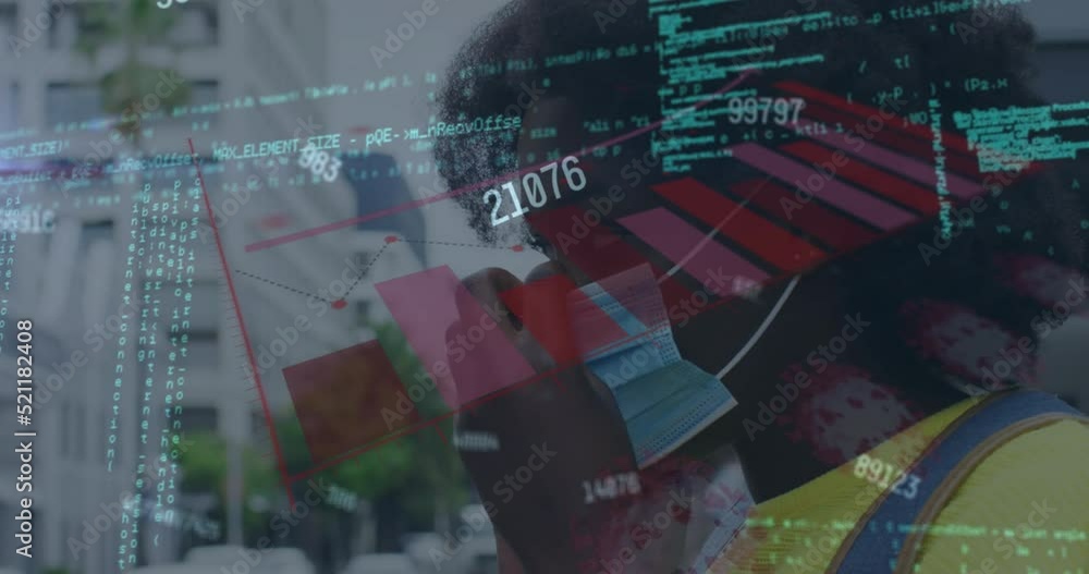 Poster animation of financial data processing over man using smartphone