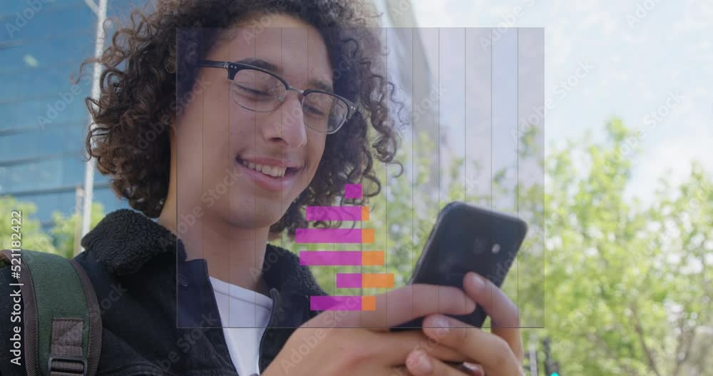 Aufkleber Animation of colourful graph over smiling biracial man using smartphone in street