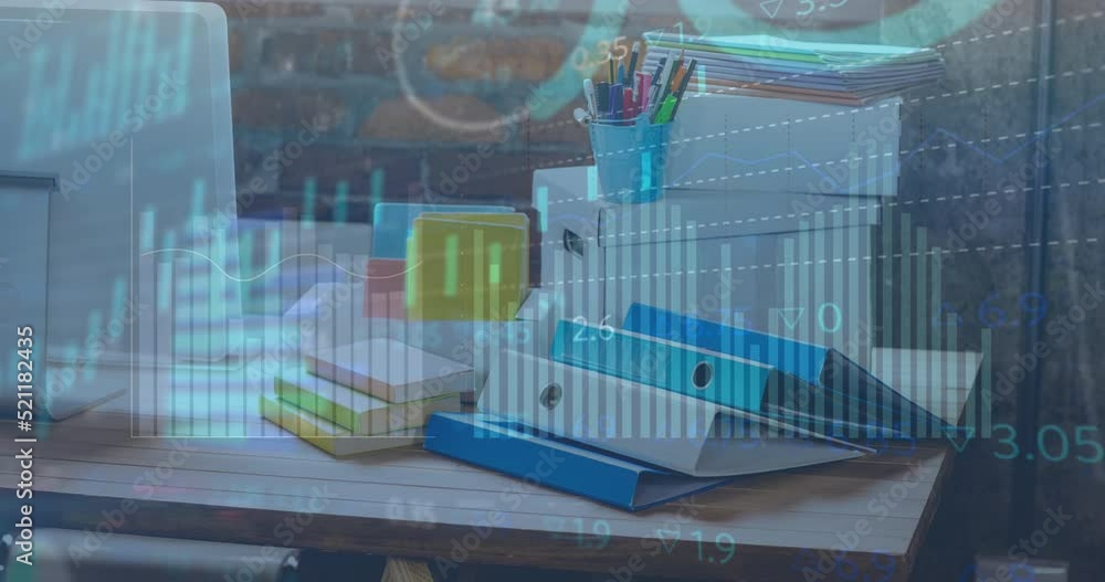 Fototapete animation of graphs and charts processing data over stationery and computer on office desk