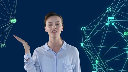 Animation of networks of media icons over caucasian woman recounting frustrating event, on blue