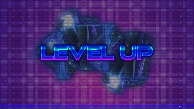 Animation of level up text in blue and cluster of metallic shapes on purple square pattern