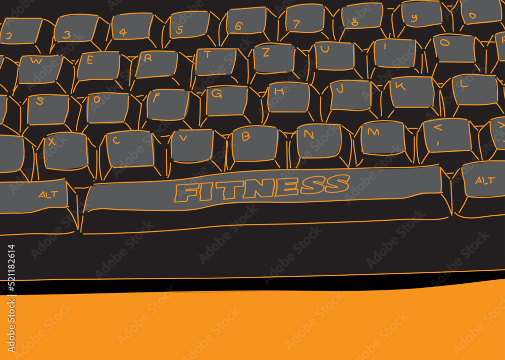 Poster computer keyboard with fitness text. close-up of an electronic computer device part, keypad.