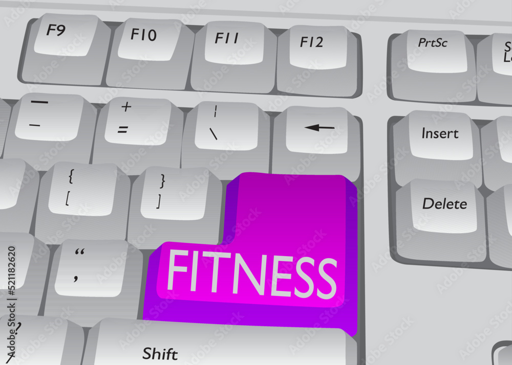 Poster computer keyboard with fitness text. close-up of an electronic computer device part, keypad.