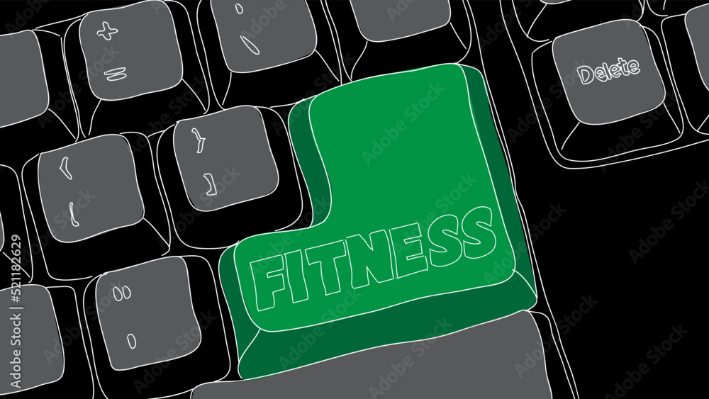 Poster computer keyboard with fitness text. close-up of an electronic computer device part, keypad.