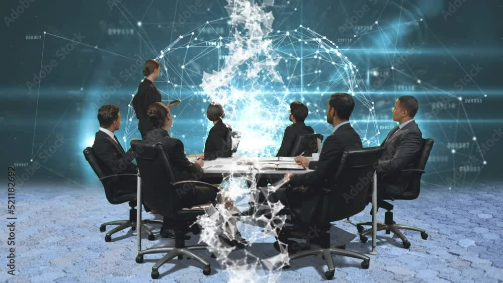 Poster animation of team of diverse business colleagues in meeting with global network on wall interface