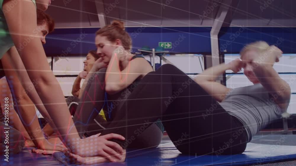 Poster animation of statistics and data processing over fit diverse people doing crunches