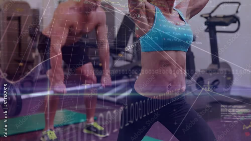 Aufkleber animation of statistics and data processing over fit caucasian man and woman exercising with weights