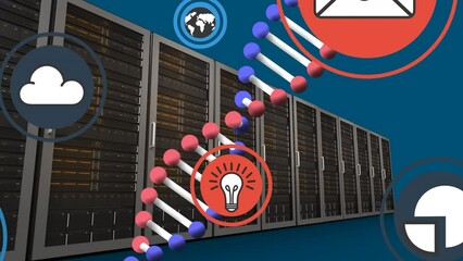 Animation of social media icons and dna strand spinning over servers - Powered by Adobe