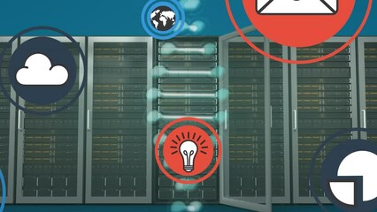 Animation of social media icons and dna strand spinning over servers - Powered by Adobe