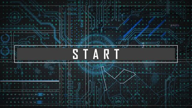 Animation of start text over circuit board and networks of connections