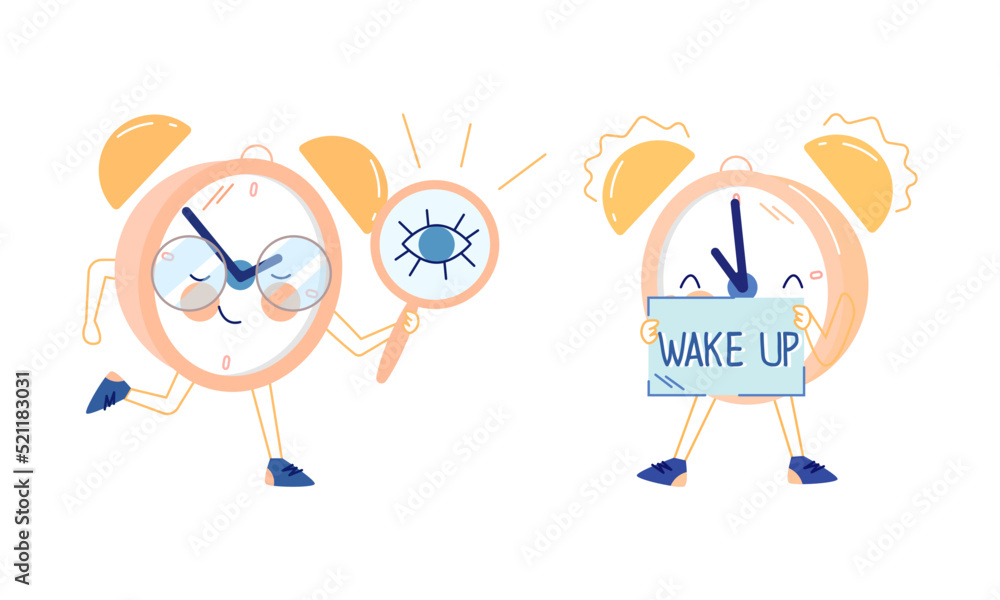 Poster funny clock character in glasses running with magnifying glass and waking up vector set
