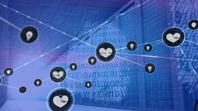 Animation of network of connections with icons and binary coding over computer servers