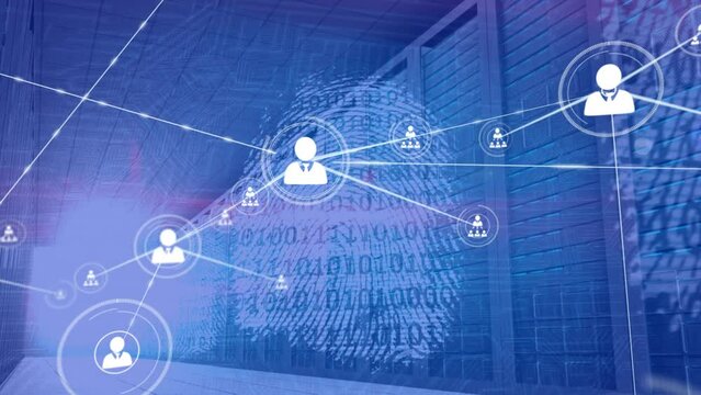 Animation of network of connections with icons and binary coding over computer servers in clouds