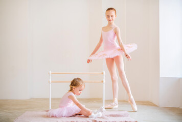The older sister, a ballerina in a pink tutu and pointe shoes, shows the baby how to practice at...