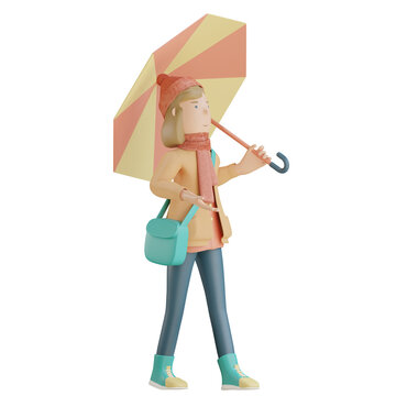 3d autumn character with umbrella 3d render