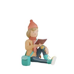 3d autumn character sit and reading book 3d render