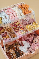 Organizer with fashion hair bows, hairpins and hair elastics. Organizing and Storage Ideas. Baby Girl hair accessory. Hairstyles for girls with bows. Close up