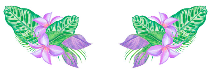 Tropical border design with exotic leaves and flowers