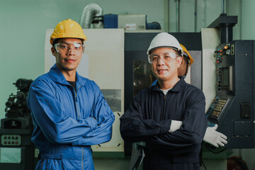 Two Heavy Industry Engineers Stand in Steel Metal Manufacturing Factory. Asian male Industrial Specialist Talk to Technician.