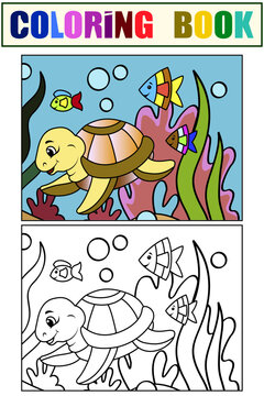 Example. Children color and coloring book, underwater world. Sea turtle, marine nature, animals and fish.