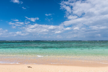 Fototapeta premium Crystal clear sea wave over white and clear sand.