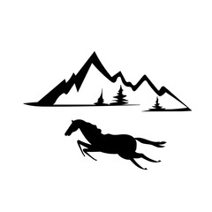 Black silhouette of a horse on a background of mountains.