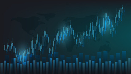 economy situation concept. Financial business statistics with bar graph and candlestick chart show stock market price and currency exchange on dark green background