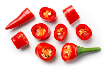 Chili pepper slice isolated. Chilli top view on white background.Cut red hot chili peppers top. With clipping path. - obrazy, fototapety, plakaty