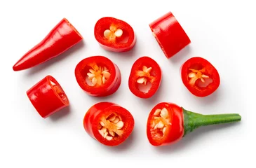 Poster Im Rahmen Chili pepper slice isolated. Chilli top view on white background.Cut red hot chili peppers top. With clipping path. © MarcoFood