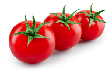 Tomato isolated. Tomatoes on white background. Three tomatoes side view. With clipping path. Full depth of field.