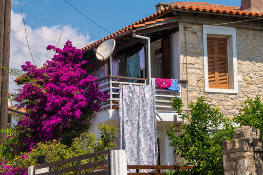 Situated on top of a hill the village of Afitos or Athitos, features stone houses and cobbled streets. Old houses in historical town in Kassandra,Chalkidiki,Greece 27.06.2022