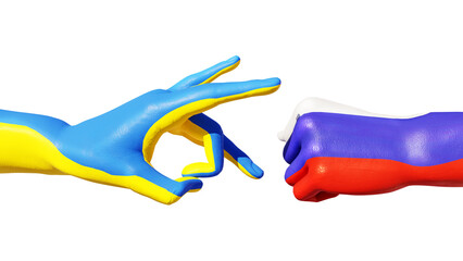 The confrontation between Russia and Ukraine is expressed in hands painted in the colors of the flags on a white background. Stand with Ukraine. 3d illustration