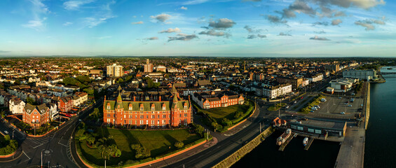 Aerial view of Marinegate Mansions in the evening sun Southport Merseyside