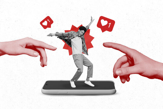 Poster collage of man dance on telephone wear casual cloth isolated on drawing white color background