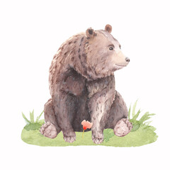 Woodland animal and floral,  Bear illustration,  Forest Animal, watercolor  bear, for nursery, wallpapaper