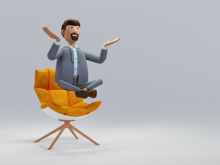 Keep calm business concept. Мультипликационный персонаж бизнесмен медитирует в позе лотоса йоги сидя на кресле. Изолированный на белом фоне. 3D illustration