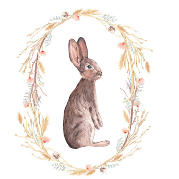 Watercolor rabbit at flaral frame, cute bunny, 2023 new year design, logo, cards, wall art, nursery decor, print