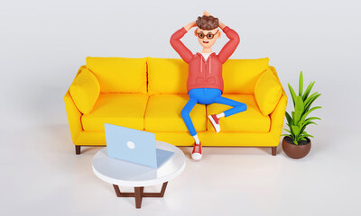 Cartoon character, a man sits on a sofa and watches a video on a laptop. 3d illustration.