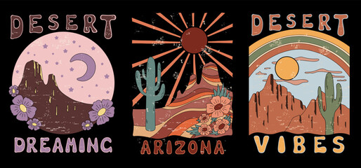 Arizona desert vibes. Vector set with 3 graphic print designs for t shirt, poster, background and others.