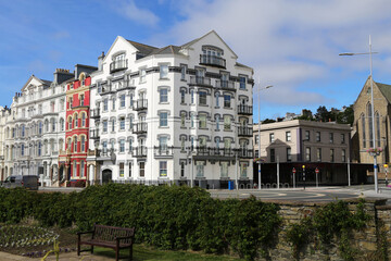 The immaculate buildings at the end of the Victorian terraces on the seafront in Douglas, The Isle...