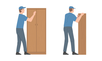Young Man Character Assembling and Installing Wooden Furniture Vector Set