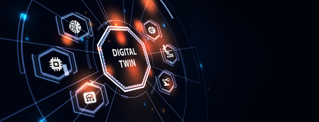 Digital twin industrial technology and manufacturing automation technology. 3d illustration - obrazy, fototapety, plakaty