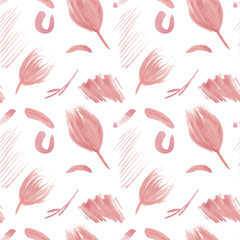 Fototapeta na wymiar Natural, floral abstract seamless pattern in boho style. Plants, leaves, stones and branches, pink color. Monochrome design for fabric, wallpaper, packaging or multimedia projects.