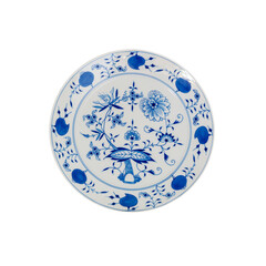 Vintage plate with blue onion pattern on white background.